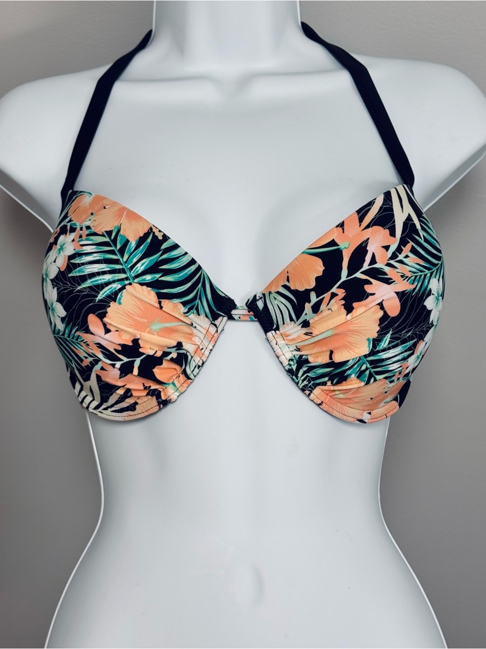 Lascana for Venus Tropical Floral Palm Print Halter Bikini Top in Black & Peach